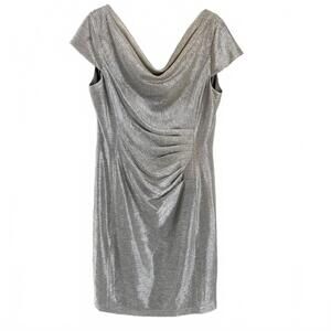 Tahari | Metallic Silver Gold Shimmer Cap Sleeve Sash Dress Size 14